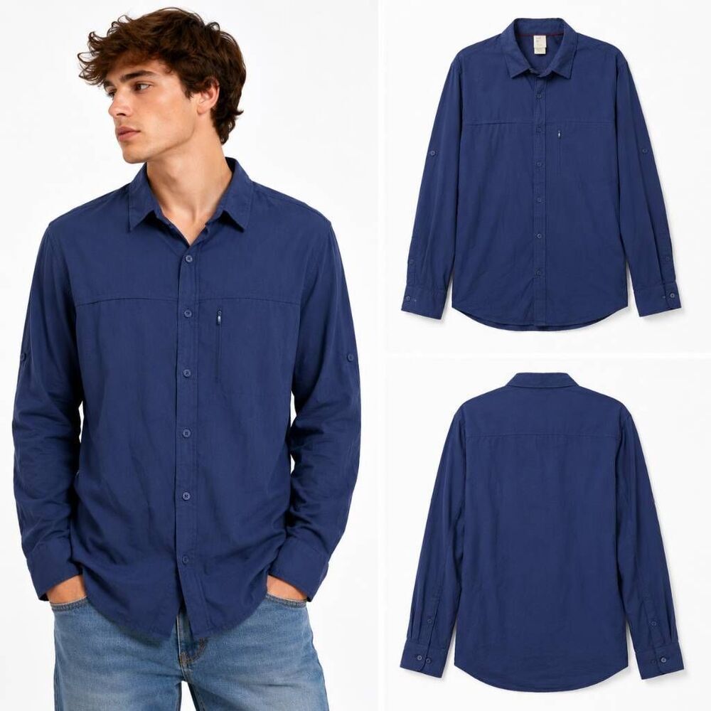 Mens The North Face Large Navy Button Front Fishing Shirt